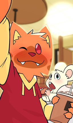 anthro camera detailed_background fangs frappuccino fur hamburger_bun holding_camera holding_object imminent_eat looking_at_viewer one_eye_closed orange_body orange_fur red_eyes selfie teeth wink winking_at_viewer crushpepper oxynard pepper_(crushpepper) cricetid felid feline hamster mammal rodent absurd_res hi_res