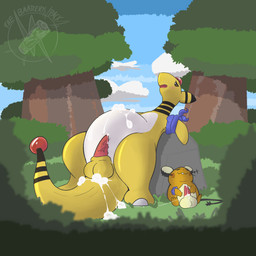 after_sex anal balls blush bodily_fluids countershading cum cum_in_ass cum_inflation cum_inside cum_on_balls cum_on_belly cum_on_body cum_string duo feral forest_background genital_fluids genitals inflation looking_pleasured male male/male open_mouth penis size_difference the_baattery_pack thick_thighs yellow_body sleepyscion nintendo pokemon ampharos dedenne generation_2_pokemon generation_6_pokemon pokemon_(species) hi_res watermark