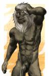 anthro balls big_penis black_balls black_penis clothed clothing flaccid genitals humanoid_genitalia humanoid_penis looking_at_viewer male mane muscular muscular_anthro muscular_male nipples penis solo topless amon-sydonai marbas felid lion mammal pantherine 2018 hi_res