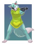 aiming anthro biting_on_toothpick blue_body blue_fur clothing cosplay countershading dipstick_tail eye_patch eyebrows eyes_closed eyewear fur fur_markings gun handgun hoodie male markings multicolored_tail parody ranged_weapon revolver solo tail tail_markings toothpick topwear weapon white_body white_fur lavenderpandy nuclear_throne fish_(nuclear_throne) roflfox canid canine fox mammal 2021 hi_res