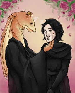black_hair duo flower hair male male/male mole_under_eye plant rose_(flower) viedzmart star_wars jar_jar_binks kylo_ren alien gungan human mammal 4:5