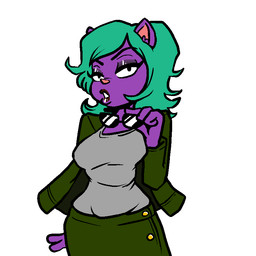 4_fingers anthro bottomwear breasts clothed clothing eyewear female fingers front_view fully_clothed fur hair holding_eyewear holding_object looking_at_viewer purple_body purple_fur skirt solo sunglasses teal_hair ian_merch kero_blaster studio_pixel nanao_(kero_blaster) domestic_cat felid feline felis mammal 1:1 aliasing digital_media_(artwork) flat_colors