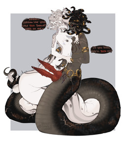 2_penises 5_fingers animal_genitalia animal_penis anthro apode areola blood bodily_fluids breasts cloaca cloacal cloacal_fingering dialogue diphallism duo emanata entwined_tails erection face_to_face fangs fingering fingers genital_fluids genitals geometric_background gynomorph gynomorph/gynomorph gynomorph_anthro heart_symbol horizontal_cloaca humanoid_hands hybrid_genitalia hybrid_penis intersex intersex/intersex intersex_anthro jewelry knot knotted_penis leaking_precum legless living_hair looking_at_another looking_at_partner multi_genitalia multi_penis nipples nude open_mouth penile_spines penis precum pseudo_hair red_eyes red_penis scar scars_all_over scratching serpentine simple_background snake_hair speech_bubble split_form tail tail_coil talking_to_another talking_to_partner tapering_penis teeth text vertical_diphallism white_body wounded sweetburn european_mythology greek_mythology mythology draconcopode gorgon lamia reptile scalie snake 2026 artist_name dated english_text hi_res