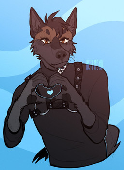 abstract_background anthro black_body black_clothing black_fur black_hair black_harness black_nose black_topwear brown_eyes cheek_tuft clothed clothing facial_tuft front_view fur gesture hair harness heart_gesture male male_anthro mouth_closed solo text topwear tuft 0ct0m0n0 canid canine mammal artist_name half-length_portrait hi_res portrait