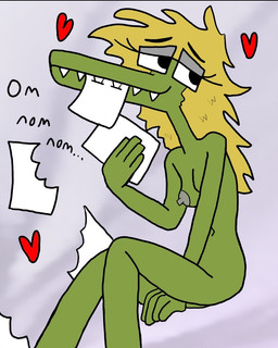 anthro blonde_hair breasts eating eyebrow_through_hair eyebrows eyelashes eyewear female glasses green_body hair heart_symbol navel nipples nude paper sharp_teeth sitting smile teeth translucent translucent_hair alicesqueaks crocodile crocodilian reptile scalie