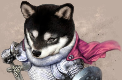 ambiguous_gender anthro armor black_body black_fur black_nose cape clothing fur gauntlets gloves handwear inner_ear_fluff melee_weapon shield shoulder_guards simple_background solo sword tuft weapon white_body white_fur ponkichim canid canine canis domestic_dog mammal shiba_inu spitz half-length_portrait portrait