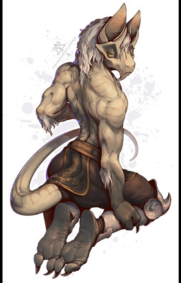 anthro armor barefoot claws clothed clothing feet foot_focus kneeling looking_down male male_anthro soles solo tail toes topless topless_anthro topless_male kredri mammal yaraga hi_res