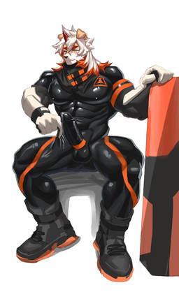 5_fingers anthro barazoku bodily_fluids bodysuit chair clothing dripping fingers floppy_ears footwear furniture genital_fluids genitals horn humanoid_genitalia humanoid_penis latex latex_clothing latex_skinsuit logo_on_clothing male muscular muscular_anthro muscular_male on_chair penis precum precum_drip precum_on_penis shield shoes simple_background sitting sitting_on_chair skinsuit solo tight_clothing unicorn_horn vein veiny_penis yejibudingzi arknights hypergryph studio_montagne hung_(arknights) canid canine canis domestic_dog mammal hi_res