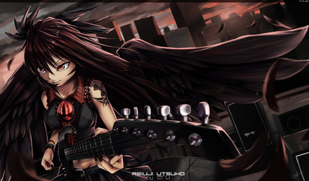 3_eyes arm_tattoo bangle belt belt_buckle black_bottomwear black_clothing black_hair black_nails black_shirt black_skirt black_topwear black_wings bottomwear buckle chest_eye city clothing cloud colored_nails crop_top dutch_angle electric_guitar feathered_wings feathers female guitar guitar_pick hair hazard_symbol holding_guitar holding_guitar_pick holding_musical_instrument holding_object jewelry midriff mouth_hold multi_eye musical_instrument nails navel plucked_string_instrument radiation_symbol red_eyes rooftop shirt skirt solo speaker spread_wings string_instrument symbol tattoo text topwear wings eru-sama touhou utsuho_reiuji animal_humanoid avian avian_humanoid humanoid winged_humanoid 2015 character_name hi_res