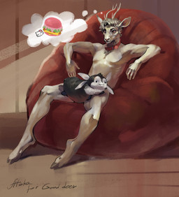 2_horns 4_ears 5_fingers accessory anthro antlers biceps black_body bow_(feature) bow_accessory bow_ribbon burger closed_smile collar collar_only curly_hair fingers food front_view fur glistening glistening_body grey_hair grey_horn hair hooves horn imagination looking_around male mouth_closed multi_ear muscular muscular_anthro muscular_male nude nude_anthro nude_male plushie pouf red_collar ribbons sitting sitting_on_pouf smile solo speech_bubble text thinking thought_bubble thoughtful_expression toy whiskers white_body white_fur wood atokasworld hello_kitty_(series) sanrio fyr_(fenrir784) gooddeer hello_kitty_(character) avali avian bird deer domestic_cat felid feline felis inanimate_object mammal new_world_deer reindeer absurd_res digital_media_(artwork) english_text hi_res huge_filesize signature