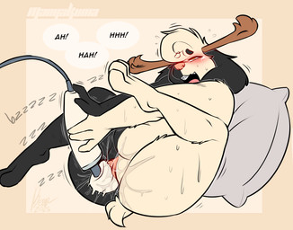 anthro antlers big_clitoris black_body black_fur blush bodily_fluids braces butt buzzing clitoral clitoral_masturbation clitoral_orgasm clitoris ejaculation female floppy_ears fur genital_fluids genitals horn looking_pleasured masturbation moan multicolored_body multicolored_fur navel nude nude_anthro nude_female onomatopoeia open_mouth pillow scut_tail sex_toy short_tail simple_background slightly_chubby slightly_chubby_anthro slightly_chubby_female solo sound_effects speech_bubble spread_legs spreading sweat sweatdrop tail text vaginal vaginal_fluids vaginal_masturbation vaginal_squirting vibrator vibrator_on_clitoris vibrator_on_pussy vulva wand_vibrator white_body white_fur manyakuma ford_(dolup) jackalope lagomorph mammal 2025 artist_name colored dated digital_media_(artwork) english_description hi_res signature nonbinary_(lore)
