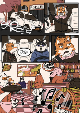 anthro dialogue diner duo love male male/male music restaurant text sagilmito anatid anseriform avian bird canid canine canis domestic_dog duck fox giraffe giraffid husky lagomorph leporid mammal nordic_sled_dog rabbit reptile scalie spitz turtle absurd_res comic english_text hi_res