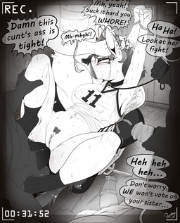 anal anal_penetration angry animal_genitalia animal_penis anthro arms_above_head balls being_watched big_breasts big_penis bodily_fluids breasts camera_view clitoris clitoris_piercing clothing collar crying deep_throat dominant dominant_pov ear_piercing equine_genitalia equine_penis erect_nipples erection feathered_wings feathers fellatio female first_person_view footwear forced forced_oral gangbang genital_piercing genitals group group_sex hair hair_grab half-closed_eyes hand_on_head head_grab inside leash looking_at_another male masturbation narrowed_eyes navel navel_piercing nipples oral oral_penetration penetration penile penile_masturbation penis piercing profanity pubes rape recording sex socks tears text tight_fit touching_hair vulva vulva_piercing wings replica_(artist) hasbro my_little_pony mythology fan_character lotus_heat earth_pony equid equine horse mammal mythological_creature mythological_equine pegasus pony 2015 absurd_res english_text hi_res monochrome