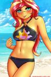 2018 2:3 absurd_res anthro beach bikini blush clothing cloud digital_media_(artwork) equestria_girls equid equine eyelashes female hair hasbro hi_res horn long_hair looking_at_viewer mammal multicolored_hair my_little_pony mythological_creature mythological_equine mythology navel outside seaside solo sunset_shimmer_(eg) swimwear text tongue tongue_out twistedscarlett60 two-piece_swimsuit two_tone_hair unicorn url water