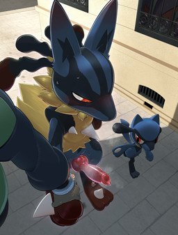 animal_genitalia animal_penis anthro blush bodily_fluids canine_genitalia canine_penis embarrassed erection genitals group hand_holding high-angle_view knot knotted_penis looking_at_genitalia looking_at_penis male male/male musk musk_cloud penis public red_eyes steam street sweat three-quarter_view trio walking nagick_18 nintendo pokemon generation_4_pokemon generation_6_pokemon mega_evolution mega_lucario pokemon_(species) riolu hi_res