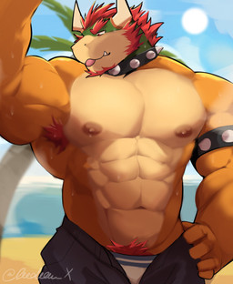 abs anthro armband armpit_hair barazoku beach beard biceps big_muscles big_pecs blep bodily_fluids body_hair bottomwear clothed clothing cloud collar day eyebrows facial_hair hair hand_on_hip horn huge_muscles male muscular muscular_anthro muscular_male narrowed_eyes navel nipples non-mammal_nipples obliques palm_tree pants pecs plant pubes sand seaside serratus sky solo spiked_armband spiked_collar spikes standing sun sweat teeth text tongue tongue_out topless topless_anthro topless_male tree underwear unzipped water zipper deedea mario_bros nintendo bowser koopa scalie 2023 hi_res signature url