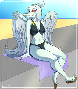 5_fingers 5_toes amber_eyes anthro beach beach_towel bedroom_eyes bikini black_bikini black_clothing black_swimwear blue_sky bone_frill breasts claws clothing day eyelashes eyeliner feathered_wings feathers feet female finger_claws fingers flip_flops footwear frill_(anatomy) grey_body grey_hair grey_scales hair long_hair looking_at_viewer makeup narrowed_eyes navel outside sandals scales sea seaside seductive shoes short_tail sitting sky smile snout solo swimwear tail text toe_claws toes towel two-piece_swimsuit water wings davidsanchan cavemanon_studios goodbye_volcano_high ko_op_(game_developer) snoot_game fang_(gvh) prehistoric_species pterodactylus pterosaur reptile scalie 2026 artist_name digital_drawing_(artwork) digital_media_(artwork) hi_res watermark