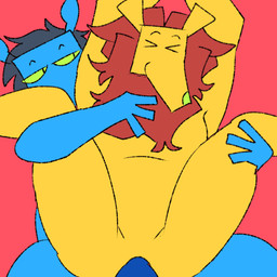 anthro balls belly big_belly blue_body blue_fur bodily_fluids cum cum_inflation cum_inside duo full_nelson fur genital_fluids genitals glomp glorp inflation male male/male navel null plap pump_(sound_effect) smile smirk throbbing throbbing_balls tongue tongue_out yellow_body yellow_fur conditional_dnp furryfluffbutt aardvark felid lion mammal pantherine 1:1 animated