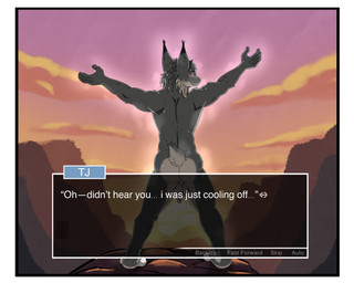 anthro backsack balls blush blush_lines bodily_fluids border butt canyon cloud foreskin genitals humanoid_genitalia looking_at_viewer looking_back male mountain musk nude penis perineum solo spread_arms spread_legs spreading standing sunset sweat sweatdrop tail text visual_novel_interface white_border garo_(artist) echo_(game) echo_(series) echo_project tj_hess canada_lynx felid feline lynx mammal 2025 5:4 absurd_res colored digital_media_(artwork) english_text hi_res line_art shaded