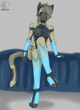 anthro bed blue_body blue_fur brown_body brown_fur brown_hair brown_nose clothing femboy footwear fur furniture hair male nails solo allartskye felid feline mammal hi_res