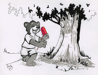 anthro bottomwear clothed clothing fangs food front_view grass happy holding_food holding_object holding_popsicle logo male open_mouth open_smile outside plant popsicle popsicle_melting rock shirt shorts smile solo t-shirt teeth tongue topwear tree young young_anthro young_male pandapaco bear mammal artist_logo signature spot_color