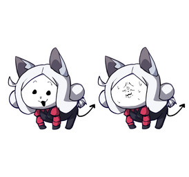 black_eyes clothing cosplay crossover_cosplay duo eyebrows feral hair looking_at_viewer quadruped red_clothing red_suit simple_background spade_tail suit suit_jacket tail white_background white_body white_hair unknown_artist helltaker undertale undertale_(series) cerberus_(helltaker) temmie_(undertale) mammal tem crossover hi_res shaded