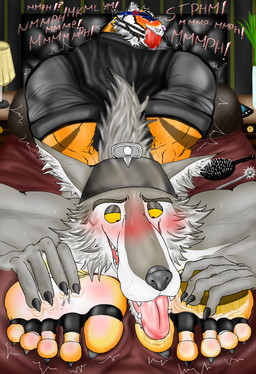5_toes anthro ball_gag blindfold blush brush cheek_tuft claws clothing cross-popping_vein duo eyebrows facial_tuft feet finger_claws foot_fetish foot_lick fur fur_tuft gag gagged grey_body grey_fur headgear headwear licking looking_at_another looking_back looking_back_at_another male motion_lines multicolored_body multicolored_fur open_mouth open_smile orange_body orange_fur pink_nose smile tail tickle_fetish tickle_torture tickling tickling_feet toe_claws toe_lick toe_restraints toes tongue tongue_out tuft whiskers white_body white_fur yellow_sclera vhenus epic_games fortnite oscar_(fortnite) wendell_(fortnite) canid canine canis felid mammal pantherine tiger wolf hi_res