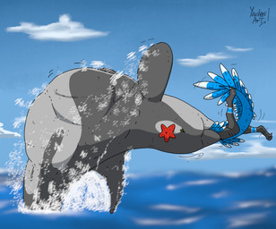 ambiguous_gender anthro belly big_belly black_legs blue_body blue_feathers dorsal_fin duo feathers feral fin green_eyes grey_body grey_fin head_first in_mouth male oral_vore overweight sea starfish_(accessory) upside_down vore water yauhasart aquatic asterozoan avian bird cetacean dolphin echinoderm mammal oceanic_dolphin orca starfish toothed_whale 2026 hi_res watermark