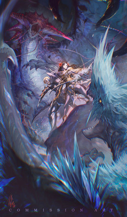 ambiguous_gender armor barbel_(anatomy) biped blonde_hair blue_body bow_(weapon) claws clothed clothed_female clothed_human clothed_male clothing dagger fangs female feral flesh_whiskers footwear fully_clothed fully_clothed_female fully_clothed_human fully_clothed_male grey_body hair holding_bow_(weapon) holding_dagger holding_melee_weapon holding_object holding_ranged_weapon holding_weapon looking_at_another male melee_weapon membrane_(anatomy) membranous_wings mouth_closed open_mouth plantigrade pupils ranged_weapon red_body shoes size_difference slit_pupils smile snout teeth text tongue_showing toothy_grin topwear weapon webbed_hands wings yellow_clothing yellow_eyes yellow_topwear chiayeeee human mammal monster 2022 chromatic_aberration digital_drawing_(artwork) digital_media_(artwork) english_text hi_res signature
