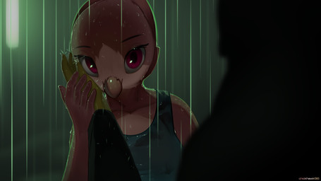 ambiguous_gender anthro beak blurred_background breasts clothed clothing dress duo female hand_holding hand_on_face in_the_rain looking_at_another neon_lights night raining red_body red_eyes romantic standing street_lamp white_body chickhawk96 blade_runner blade_runner_2049 blossom_(chickhawk96) ambiguous_species avian bird 16:9 absurd_res hi_res widescreen