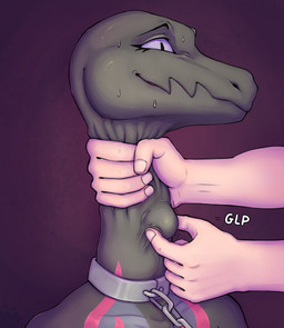 anthro bodily_fluids bulge_grab chained_collar duo female gulp_(sound_effect) hand_on_neck long_neck markings neck_bulge neck_grab nervous nervous_smile nervous_sweat offscreen_character onomatopoeia purple_sclera restrained simple_background sound_effects swallowing swallowing_sound_effect sweat sweatdrop text maynard0 nintendo pokemon generation_7_pokemon human mammal pokemon_(species) salazzle absurd_res hi_res