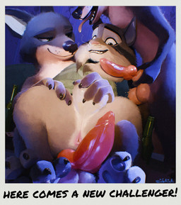 animal_genitalia animal_penis anthro anus ball_fondling balls bottle bottomless bottomless_anthro bottomless_male canine_genitalia canine_penis clothed clothing container erection feet fingers fondling fur genitals grey_body grey_fur group half-closed_eyes hand_on_sheath knot male male/male narrowed_eyes nude open_mouth pawpads penis photo sheath smile spread_legs spreading sweater sweater_only text toes tongue tongue_out topwear topwear_only trio sidekick disney zootopia pawbert_lynxley canada_lynx canid canine canis felid feline lynx mammal wolf digital_media_(artwork) english_text
