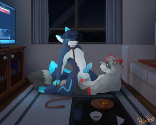 4_toes 5_fingers anal anal_penetration animal_genitalia animal_penis anthro anthro_on_anthro anthro_penetrated anthro_penetrating anthro_penetrating_anthro balls beverage blue_body blue_eyes blue_fur blue_pawpads blue_penis blush bodily_fluids canine_genitalia canine_penis claws collar collar_only countershading cowgirl_position cum cum_in_ass cum_inside duo erection eye_contact feet fingers food from_front_position fur genital_fluids genitals green_eyes interspecies knot leash leash_pull looking_at_another lying male male/male male_on_bottom male_on_top male_penetrated male_penetrating male_penetrating_male navel nude on_back on_bottom on_top one_eye_closed pawpads penetration penis pizza sex smile toes white_body white_fur pache_riggs kip_(raccoon) canid canine canis mammal procyonid raccoon wolf 2019 5:4 digital_media_(artwork) hi_res