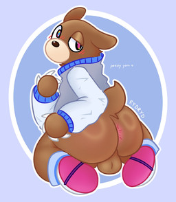 anthro anus balls bedroom_eyes big_butt blue_clothing blue_jacket blue_letterman_jacket blue_topwear blush blush_lines bottomless brown_body brown_ears brown_fur brown_nose brown_tail butt claws clothed clothing footwear fur genitals grey_clothing grey_jacket grey_letterman_jacket grey_topwear hand_on_butt hand_on_own_butt heart_symbol jacket kneeling letterman_jacket looking_at_viewer looking_back male multicolored_body multicolored_clothing multicolored_footwear multicolored_fur multicolored_jacket multicolored_shoes multicolored_topwear narrowed_eyes one_eye_half-closed partially_clothed pink_clothing pink_eyes pink_footwear pink_shoes rear_view seductive shoes short_tail solo tail text thick_thighs three-quarter_view topwear two_tone_body two_tone_clothing two_tone_footwear two_tone_fur two_tone_shoes white_claws white_clothing white_footwear white_shoes rydryd kanye_west dropout_bear bear mammal 2026 absurd_res artist_name digital_media_(artwork) english_text hi_res