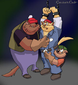 anthro bottomwear bound brown_body brown_fur chain chained clothing fur group hat headgear headwear humanoid_hands male overweight overweight_male pants shirt topwear undressing caesarcub hanna-barbera swat_kats chance_furlong domestic_cat felid feline felis mammal 2006