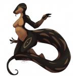 5_fingers anthro big_butt biped black_body black_scales black_tongue breasts brown_body brown_eyes brown_markings brown_scales butt eyelashes featureless_breasts female fingers forked_tongue half-closed_eyes kneeling long_tail looking_at_viewer markings multicolored_body multicolored_scales narrowed_eyes navel non-mammal_breasts scales simple_background solo tail thick_thighs tongue tongue_out two_tone_body two_tone_scales white_background songgoishtar rashii reptile scalie snake 2015 hi_res signature