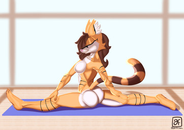 anthro big_butt black_body black_fur breasts brown_body brown_fur brown_hair brown_tail butt eyelashes eyes_closed female fur hair multicolored_body multicolored_fur orange_body orange_fur orange_tail solo tail two_tone_body two_tone_fur two_tone_tail white_body white_fur yoga gamesfan katty_(gamesfan) canada_lynx felid feline lynx mammal absurd_res hi_res signature