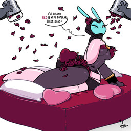 antennae_(anatomy) armwear asymmetrical_clothing bed big_breasts black_body black_sclera blue_face blush blush_lines bracelet breasts bucket clothing container curvy_figure elbow_gloves female flower flower_on_head furniture gloves grey_body handwear heart_bed heart_pillow holidays hourglass_figure huge_hips jewelry legwear looking_at_viewer lying lying_on_bed mouthless navel on_bed one_eye_closed petals pillow plant rose_(flower) rose_petals seductive small_waist thick_thighs thigh_highs under_boob wide_hips wink winking_at_viewer leyla0223 valentine's_day px_0-25 alien alien_humanoid humanoid 1:1 2026 signature