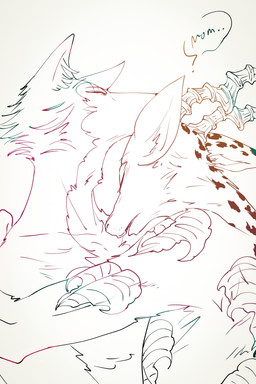 anthro duo leopard_spots male male/male simple_background sleep_talking sleeping sleeping_together speech_bubble spots tattoo white_background slpwk7_(artist) beastars legoshi_(beastars) melon_(beastars) antelope bovid canid canine canis felid gazelle hybrid leopard mammal pantherine wolf 2:3 absurd_res hi_res