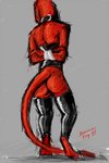 ambiguous_gender anthro arms_tied bdsm biped black_collar bondage bound collar grey_background hands_behind_back red_body restraints rope rope_bondage simple_background solo standing white_rope dominoesdog lizard reptile scalie 2021 hi_res signature