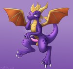 animal_genitalia anthro bedroom_eyes claws feet genital_slit genitals male narrowed_eyes paws penis pink_penis pronounced_browridge purple_background purple_body purple_eyes seductive simple_background solo tail muffinlicious activision mythology spyro_reignited_trilogy spyro_the_dragon spyro dragon mythological_creature mythological_scalie scalie absurd_res hi_res