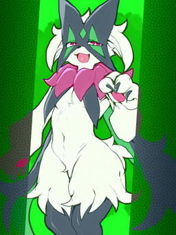 ambiguous_gender anthro black_nose fangs fur green_background green_body green_fur half-closed_eyes kemono looking_at_viewer narrowed_eyes open_mouth open_smile pawpads paws pink_eyes simple_background smile smiling_at_viewer solo standing teeth tongue superstaryoshi6 nintendo pokemon domestic_cat felid feline felis generation_9_pokemon mammal meowscarada pokemon_(species) 2025 cel_shading digital_drawing_(artwork) digital_media_(artwork) hi_res procreate_(artwork) shaded
