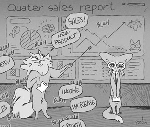 ambiguous_gender black_necktie black_nose blah_blah_blah canned_food chart clipboard detailed_background dialogue dipstick_tail duo eyewear feral fluffy fluffy_tail fur glasses grey_body grey_fur holding_clipboard holding_object markings neck_tuft necktie paws pie_chart pointer sad sales_pitch salesman speech_bubble tail tail_markings text tie_only tuft whiskers pondis cashback_cat_(pondis) aquatic domestic_cat felid feline felis fish mammal 2025 english_text hi_res monochrome signature female_(lore)