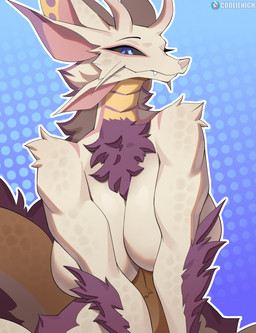 anthro biped breasts female front_view fur horn looking_at_viewer nude nude_anthro nude_female smile solo tail cooliehigh capcom monster_hunter leviathan_(mh) mizutsune 2026 digital_drawing_(artwork) digital_media_(artwork) hi_res