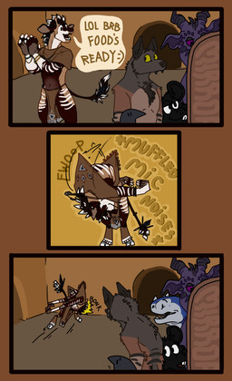 ambiguous_gender anthro clothed clothing dialogue fur group hair hooves horn humor male mirror open_mouth ossicone simple_background smile speech_bubble stripes tail text snazzapplesweet mythology canid canine canis dragon giraffid mammal mouse murid murine mythological_creature mythological_scalie okapi rodent scalie wolf absurd_res comic digital_media_(artwork) english_text hi_res