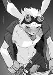 anatomically_correct anatomically_correct_genitalia anatomically_correct_penis animal_genitalia animal_penis anthro biped blush bottomwear bottomwear_down clothed clothing condom condom_in_mouth cotton_tail exposed_chest eyewear eyewear_on_head fingerless_gloves fur genitals gloves goggles goggles_on_head half-erect handwear heart_pupils jacket lagomorph_penis male male_anthro mouth_hold object_in_mouth open_clothing open_jacket open_topwear pants pants_down partially_clothed penis sexual_barrier_device sheath sleeveless_jacket small_penis solo standing topwear undressing urethra white_body white_fur kurimo_jinguy summer_wars king_kazma lagomorph leporid mammal rabbit black_and_white digital_media_(artwork) greyscale hi_res monochrome