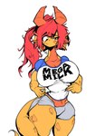 anthro big_breasts breasts clothed clothing female hair horn huge_breasts print_clothing print_shirt print_t-shirt print_topwear red_hair shirt simple_background solo t-shirt tail text text_on_clothing text_on_shirt text_on_t-shirt text_on_topwear text_print topwear awr_hey mega_milk mythology zoe_(awr_hey) dragon mythological_creature mythological_scalie scalie 2022 digital_drawing_(artwork) digital_media_(artwork) english_text hi_res meme