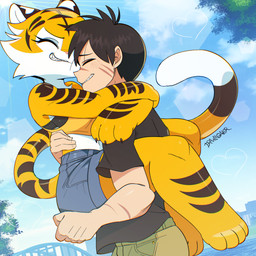 5_fingers anthro biped black_hair bottomwear bra breasts claws clothed clothing duo eyebrows eyelashes facial_scar feet female fingers fur hair human_on_anthro interspecies male male/female orange_body orange_fur scar shirt shorts smile striped_body striped_fur stripes tail teeth toes topwear underwear white_body white_fur drawligator aura_(drawligator) haruki_(drawligator) felid human mammal pantherine tiger 1:1 2025 hi_res