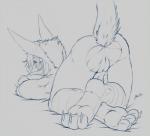 anthro clitoris female genitals grey_background ikkibu looking_at_viewer looking_back nude plantigrade presenting pussy raised_tail simple_background solo tail rei_vagan unknown_species 2016 sketch