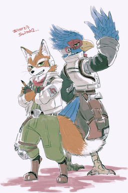 anthro avian_feet beak belt belt_buckle black_clothing black_gloves black_handwear blue_body blue_feathers bottomwear brown_bottomwear brown_clothing brown_pants buckle claws clothed clothed_anthro clothed_male clothing crossed_arms digitigrade duo electronics feather_hands feathers feet fingerless_gloves fluffy fluffy_tail footwear fur furgonomic_footwear furgonomics gloves green_bottomwear green_clothing green_eyes green_pants gun gun_holster handwear headgear headphones headset jacket kerchief knee_pads looking_at_viewer male male_anthro neckerchief neckwear orange_body orange_fur pants pilot ranged_weapon red_body red_feathers red_kerchief red_neckerchief simple_background smile smirk standing tail tail_feathers talons text toe_claws toeless_footwear toes topwear visor weapon white_background white_body white_clothing white_fur white_jacket white_topwear tkm nintendo star_fox star_fox_(2026) falco_lombardi fox_mccloud avian canid canine fox mammal 2026 2:3 artist_name digital_media_(artwork) hi_res